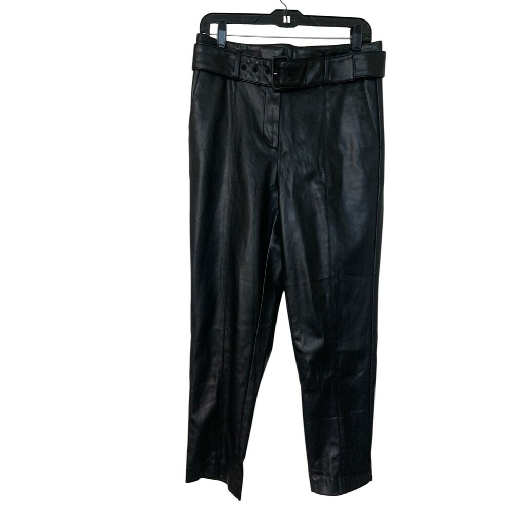 Ann Taylor Black Faux Leather Belted Straight Leg Pants Casual Cyber Goth Grunge